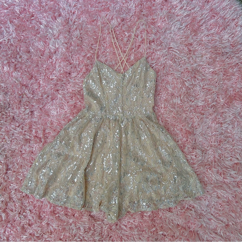 kimchi blue pink/light nude silver lace mini fit n flare romper, size small, UO